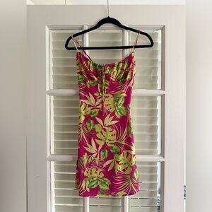 Tropical Pink and Green Leaf Print Mini Dress